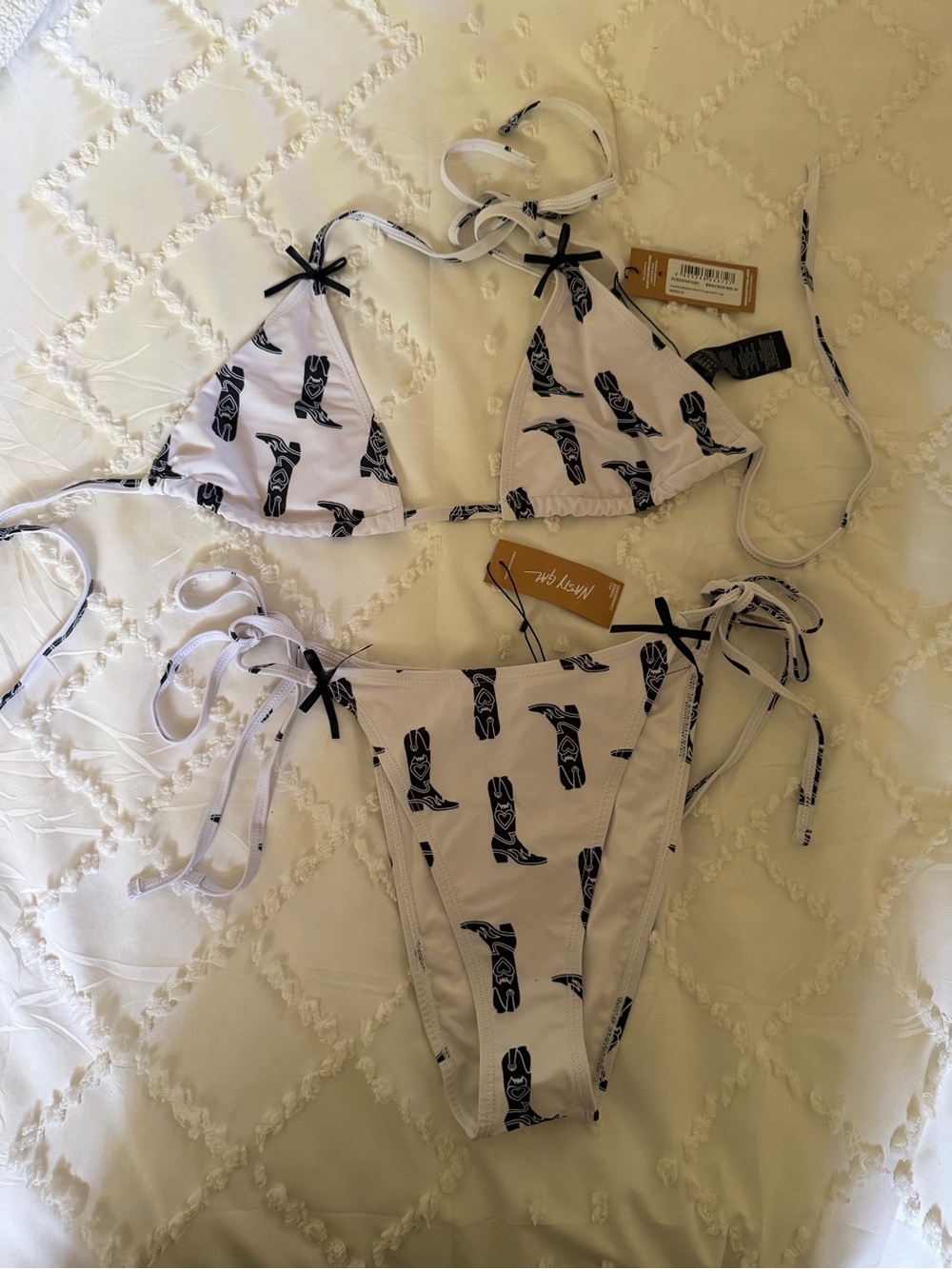 Cowgirl White Bikini Set with Black Western Boot Print